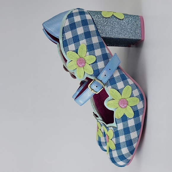 Irregular Choice Shoes - Irregular Choice Blue Gingham Floral Mary Jane Heels